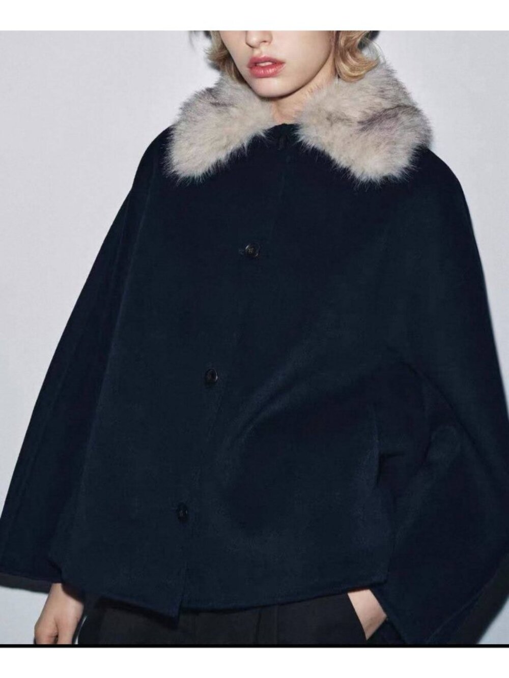 Zara Womens Wool Coat short S Small Navy Blue faux fur trim 7522/242 NWT